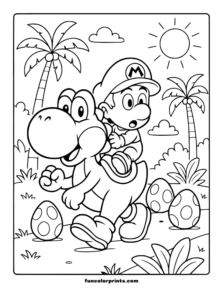 Black-and-white cartoon of Mario riding Yoshi outdoors