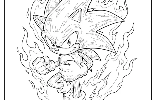 Black-and-white Sonic-style hedgehog surrounded by flames