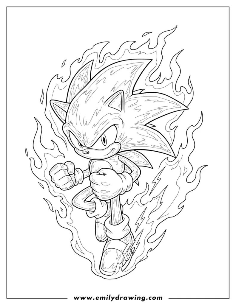 Black-and-white Sonic-style hedgehog surrounded by flames