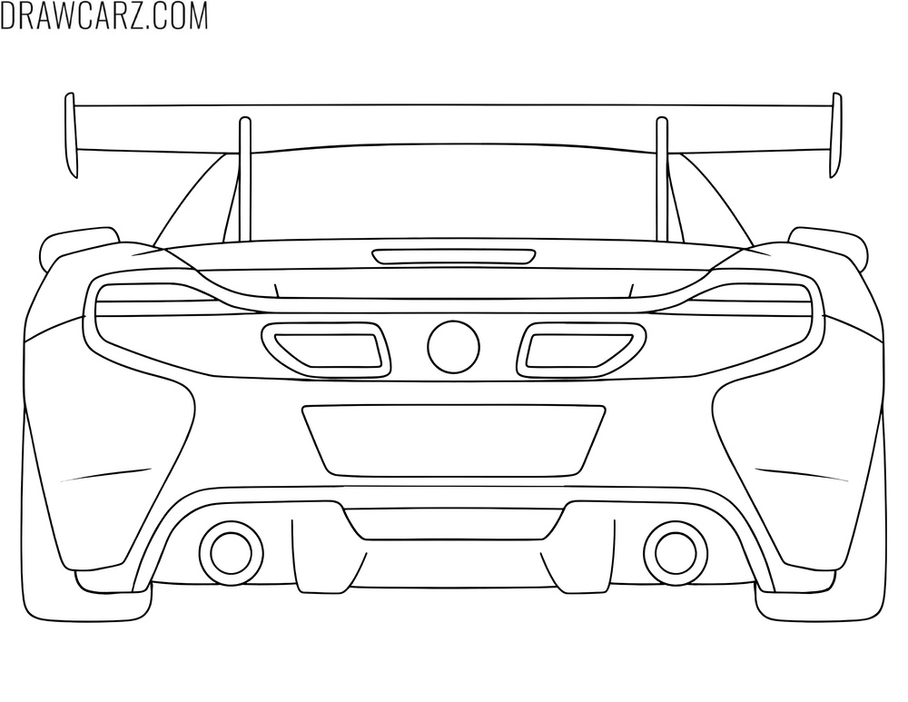 Rear view line drawing of a sports car