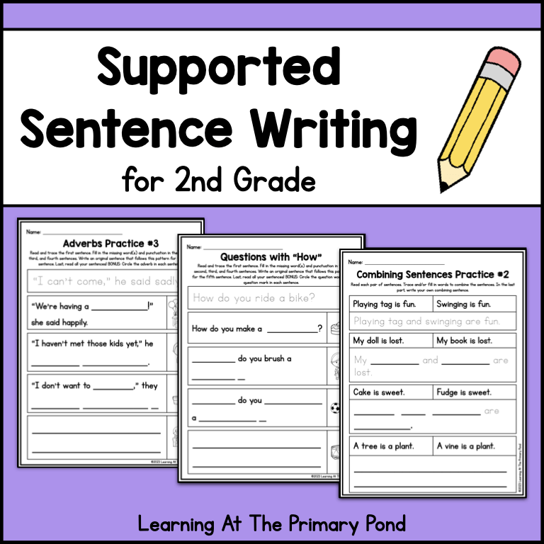 Sentence writing worksheets with pencil illustration, purple background