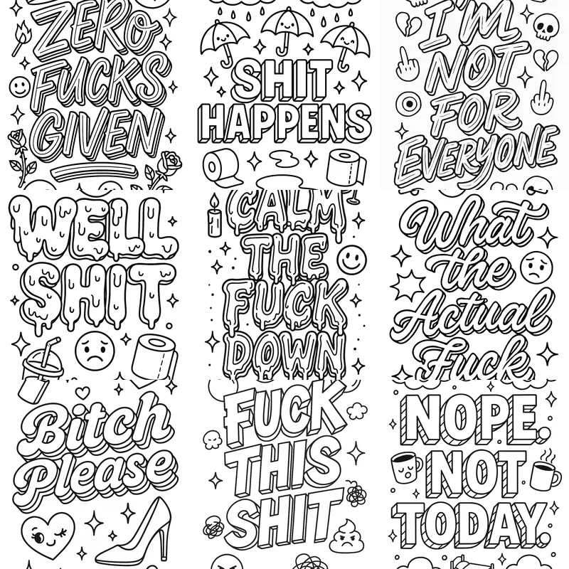 Adult profanity coloring page with bold phrases and doodles