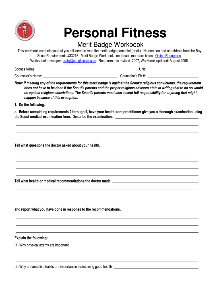 Personal Fitness Merit Badge Workbook form page