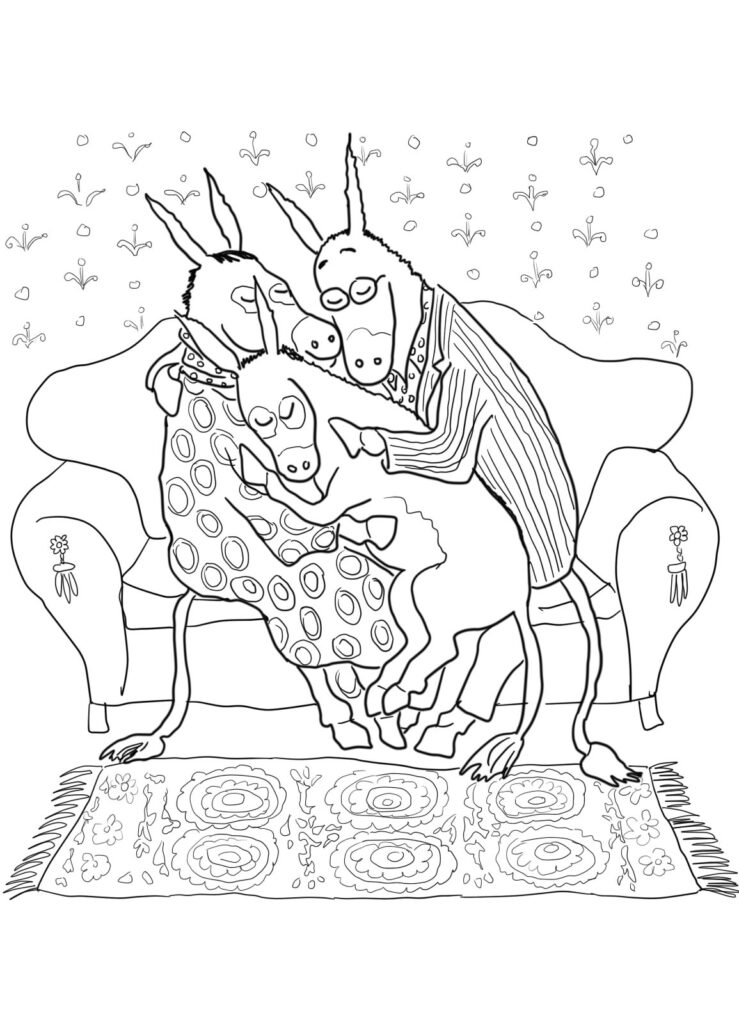 Three donkeys cuddling on a patterned couch