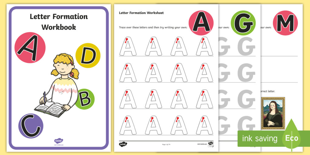 Letter formation workbook pages with large letters and tracing exercises