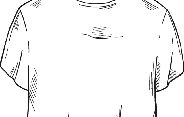 Black outline drawing of a T-shirt on hanger