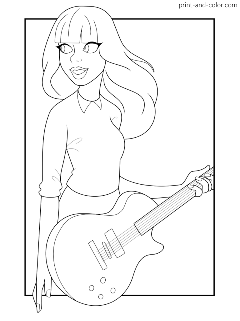 Line drawing of woman holding electric guitar