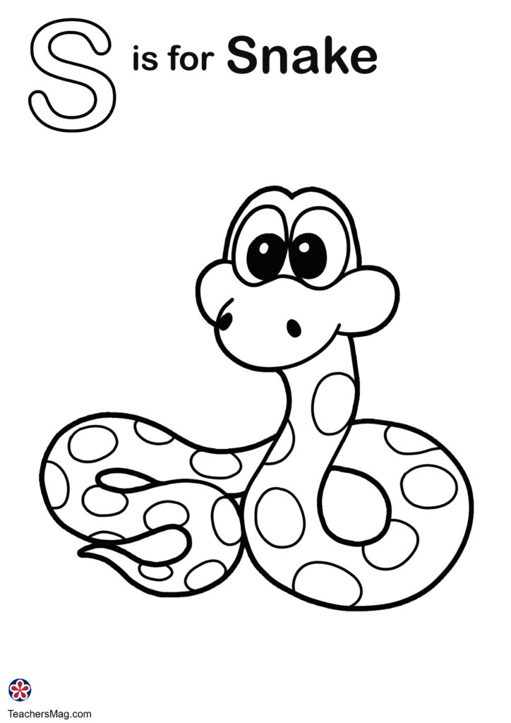 Black-and-white snake coloring page with text "S is for Snake