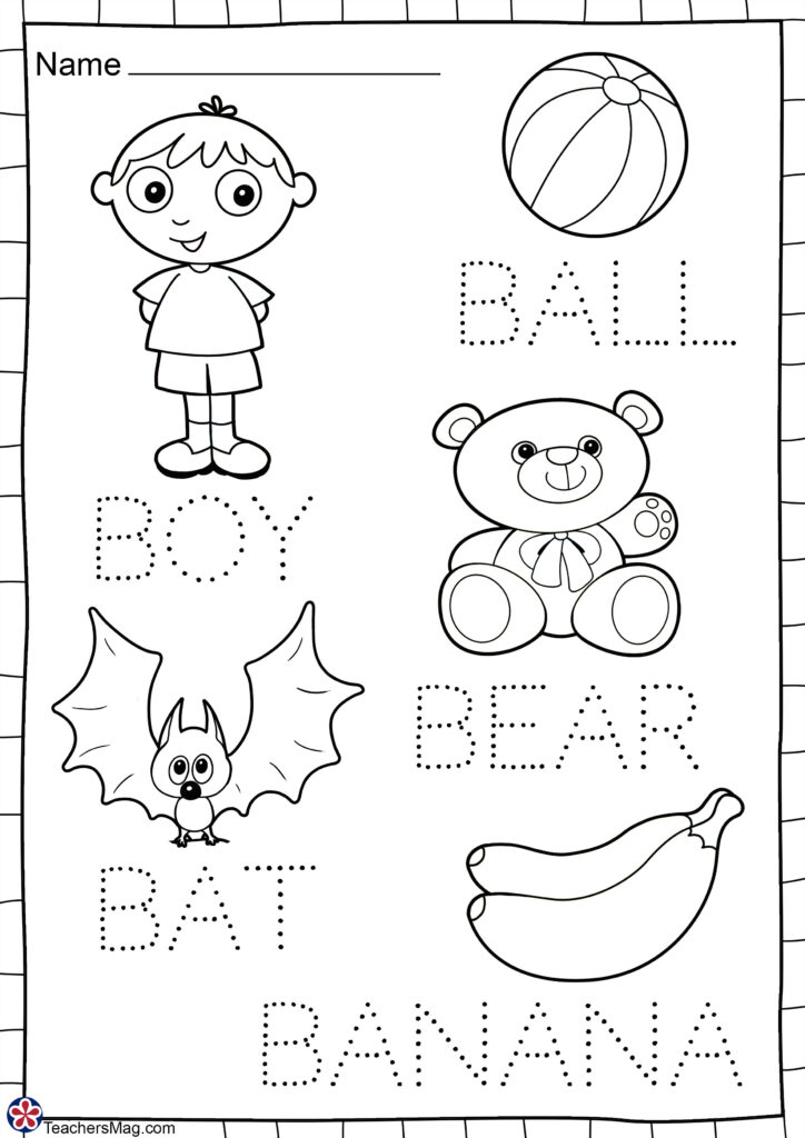 Black-and-white children’s worksheet with traced animal and object outlines