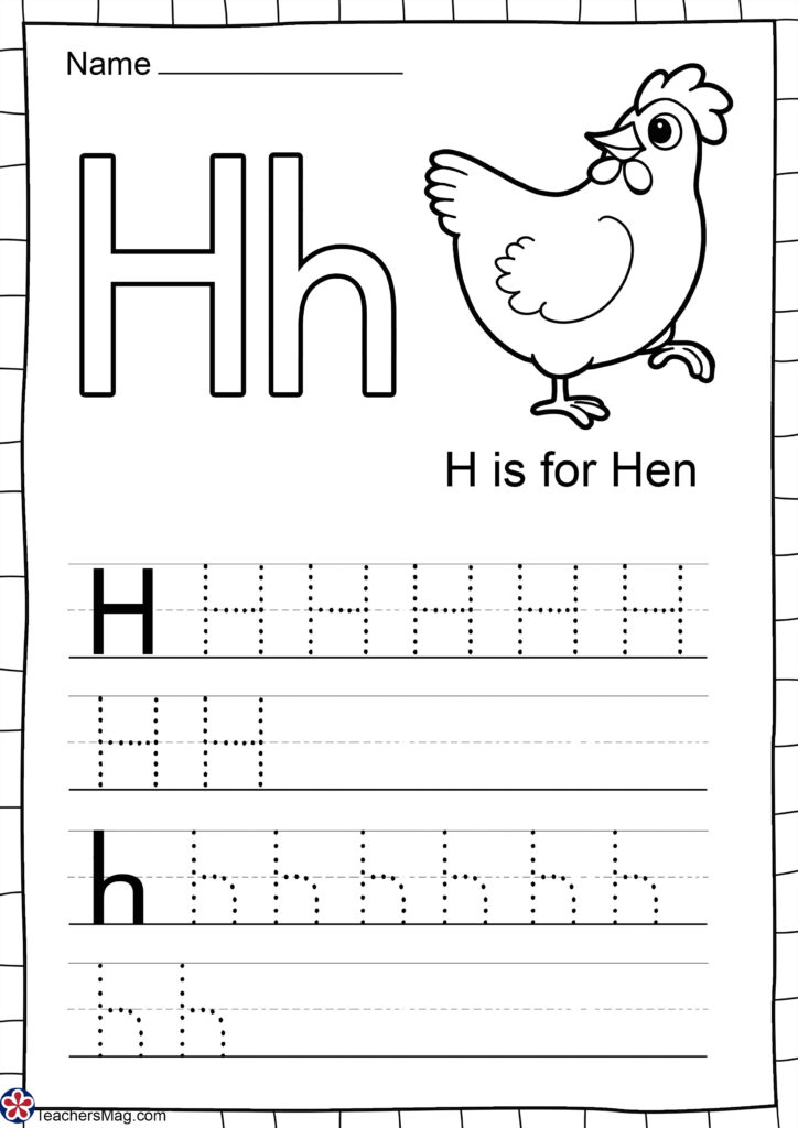 Letter H tracing worksheet with hen illustration