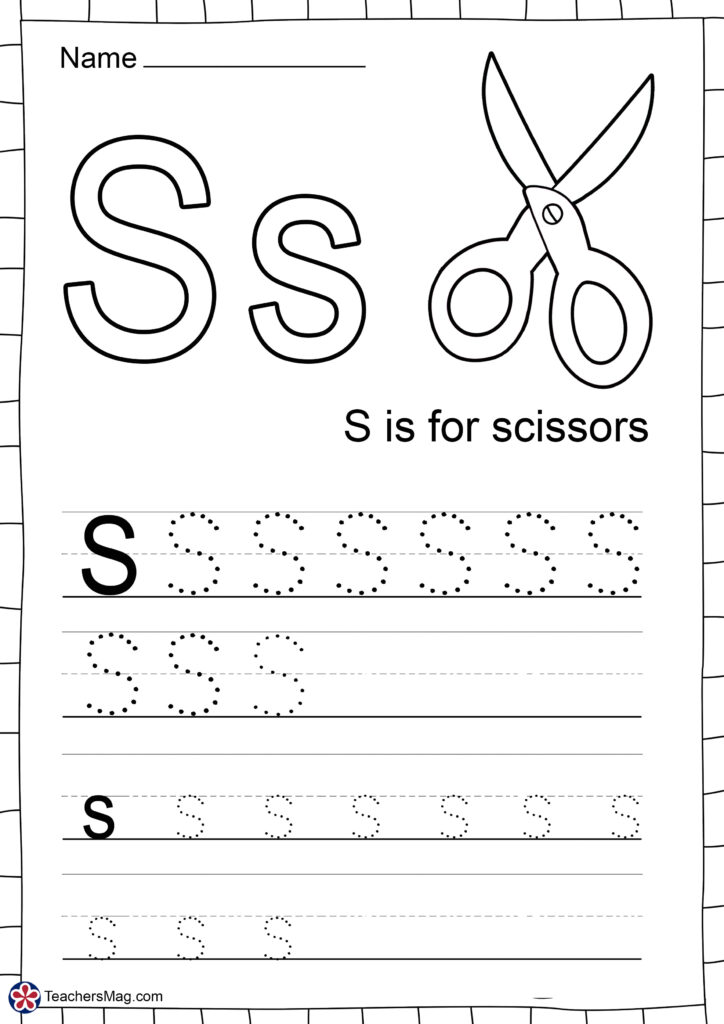 Letter S tracing worksheet with scissors illustration
