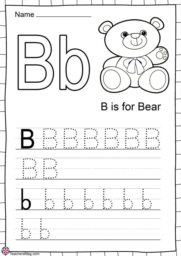Alphabet tracing worksheet with bear and letter B