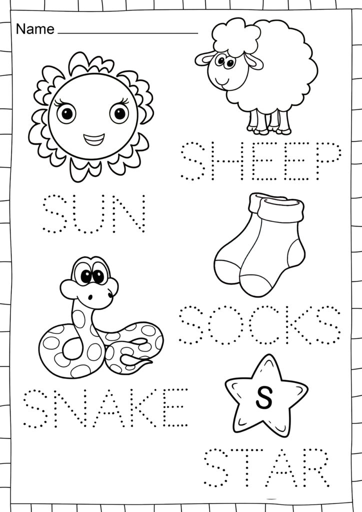 Letter S tracing worksheet with sun, sheep, socks, snake, star