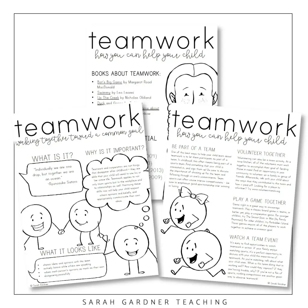Three teamwork worksheet pages with cartoon children and text