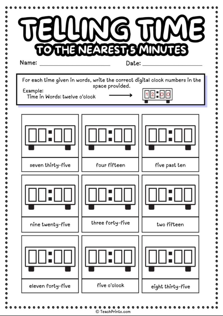 Telling time worksheet with nine digital clock boxes