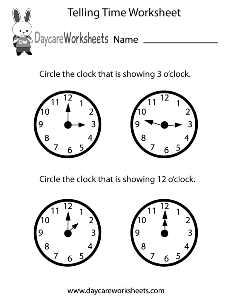 Telling time worksheet with four analog clocks and instructions