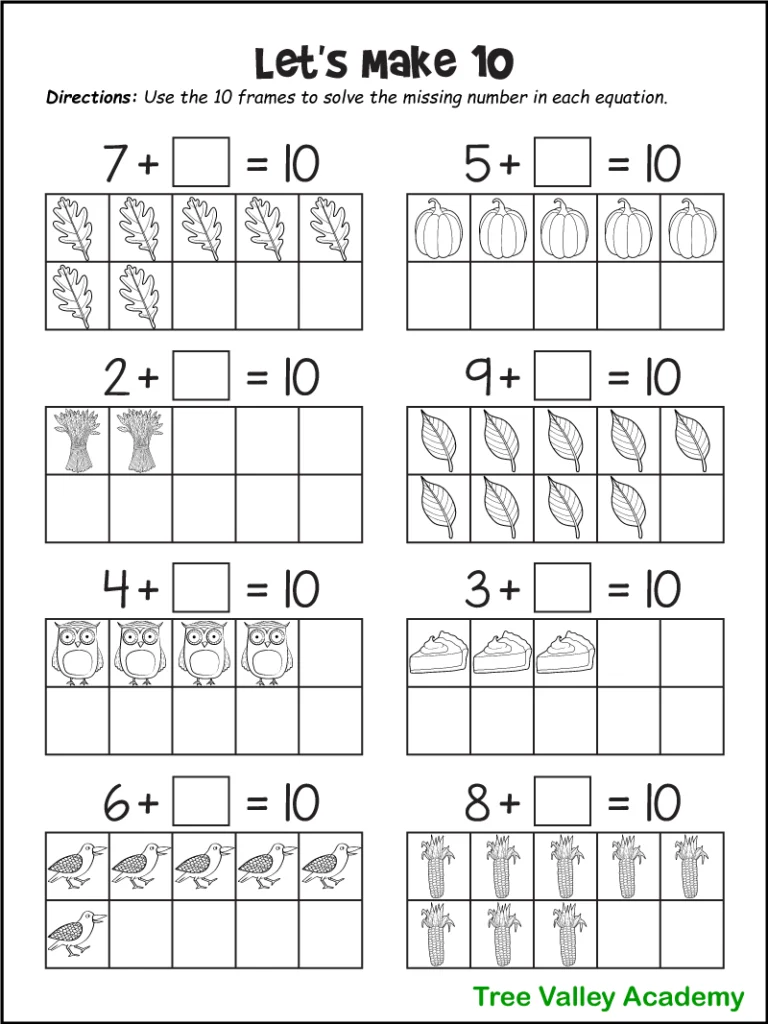 Kids math worksheet with 10-frame addition problems and pictures