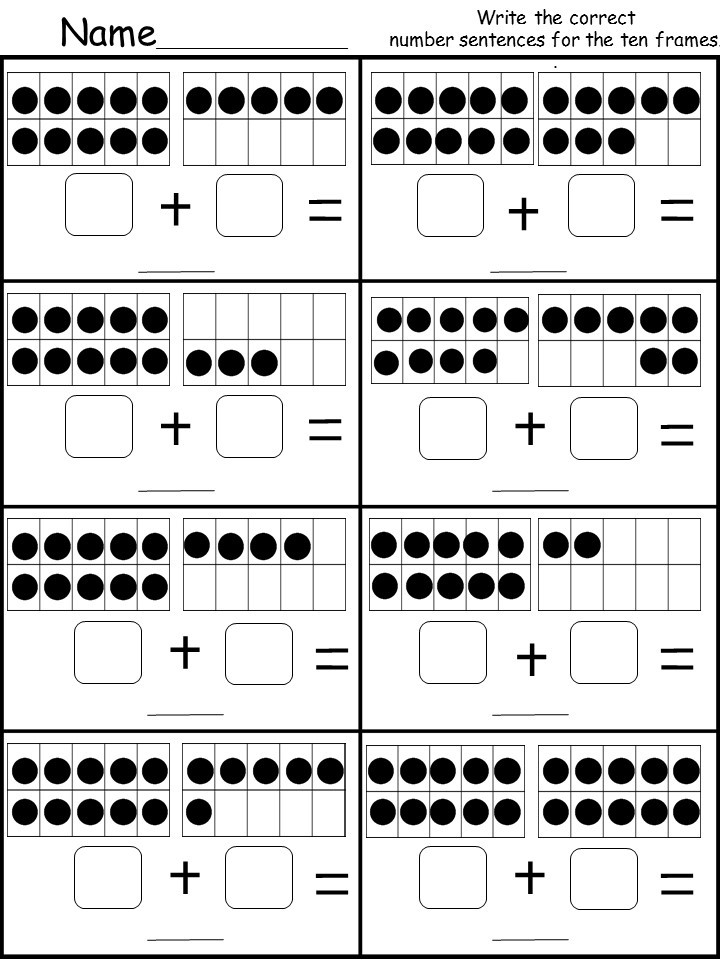 Ten-frame math worksheet with dot patterns and blanks