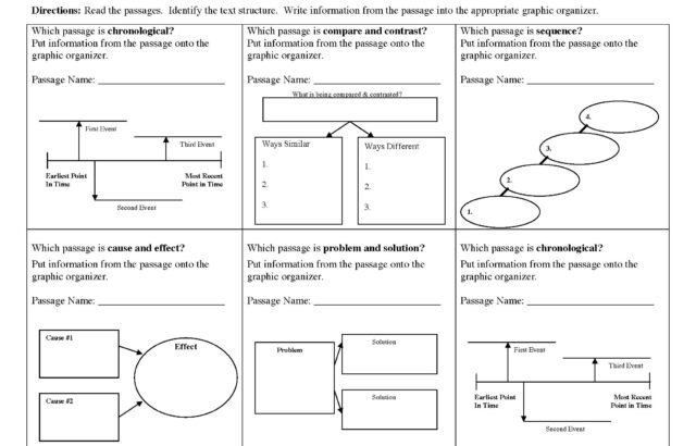 Text structure worksheet with graphic organizers and timelines
