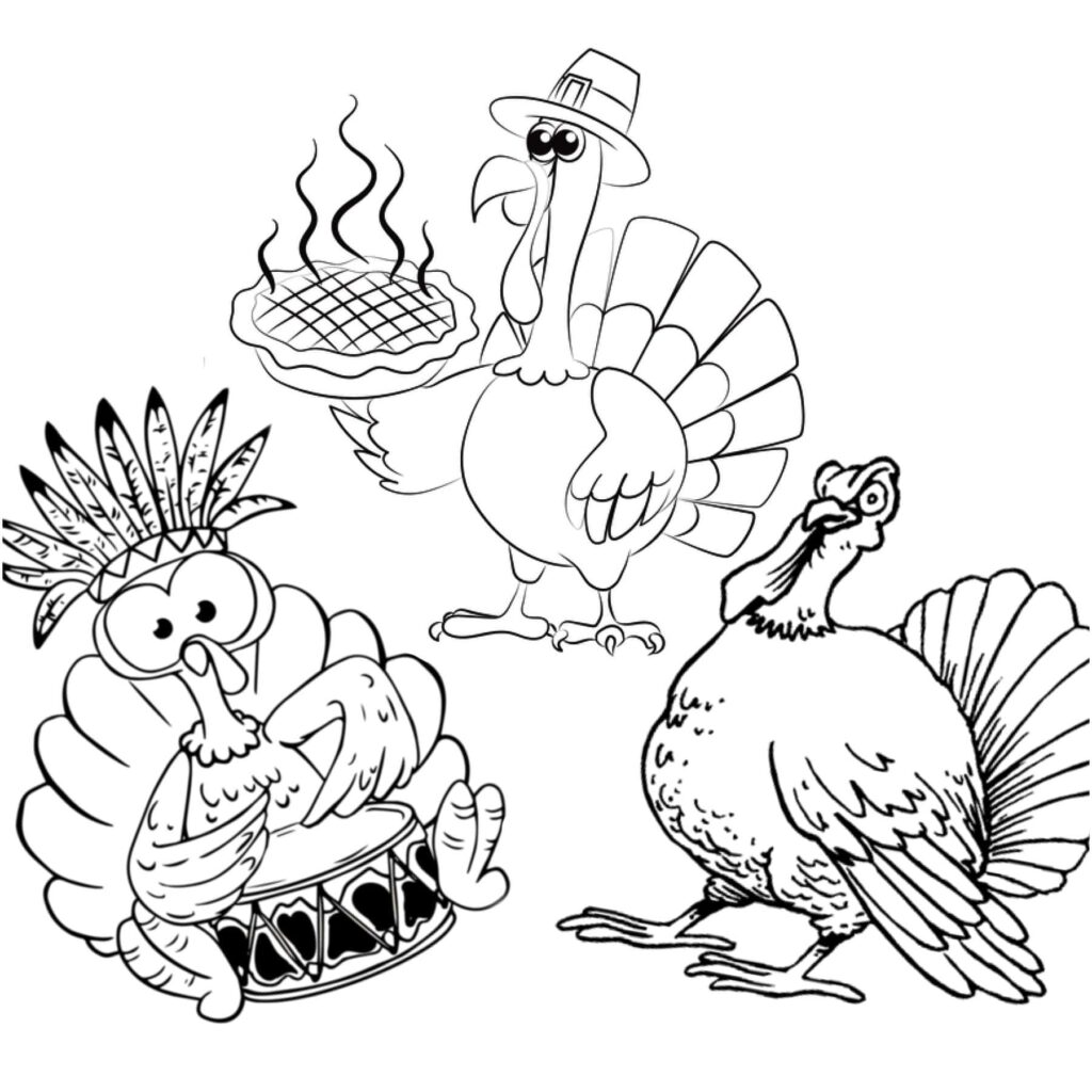 Cartoon turkeys around a steaming pie on white background