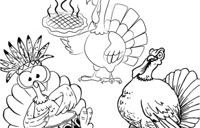Cartoon turkeys around a steaming pie on white background