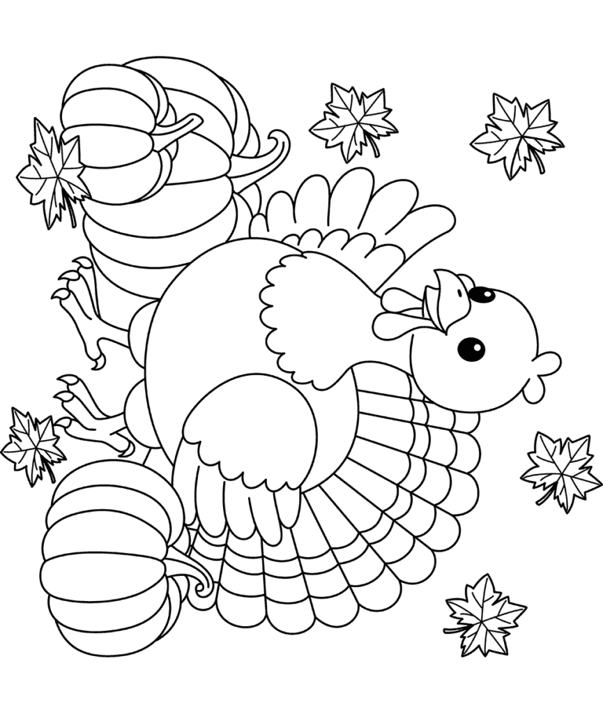 Cartoon turkey with pumpkins and maple leaves, black outline