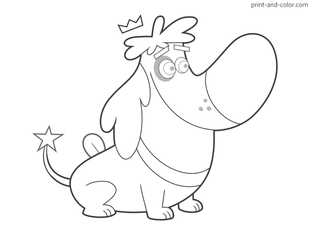 Cartoon dog with crown and star-tipped tail on white background