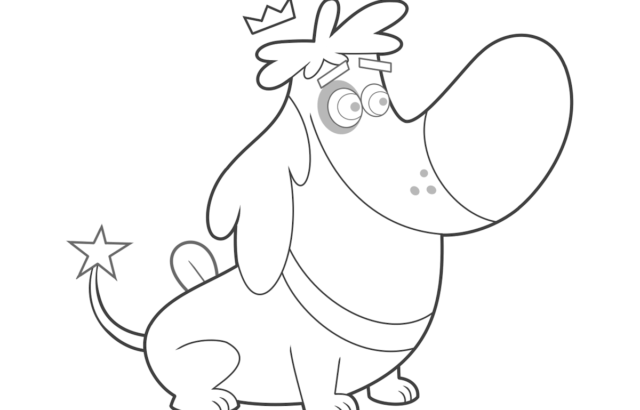 Cartoon dog with crown and star-tipped tail on white background