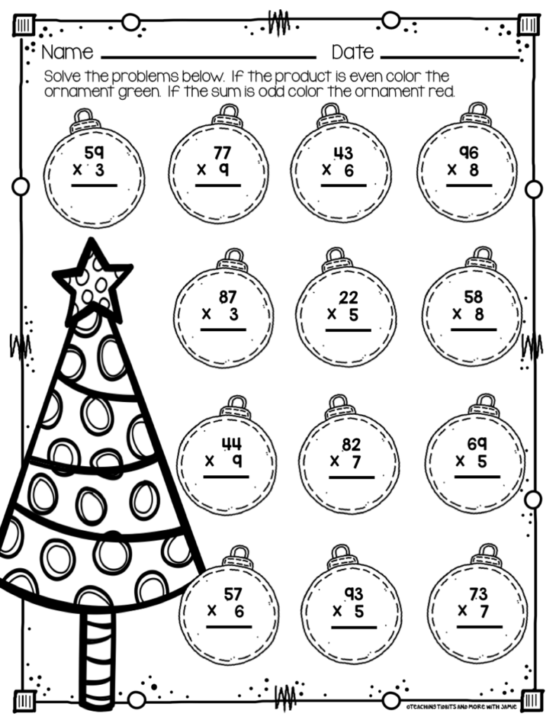 Christmas multiplication worksheet with ornament problems and tree