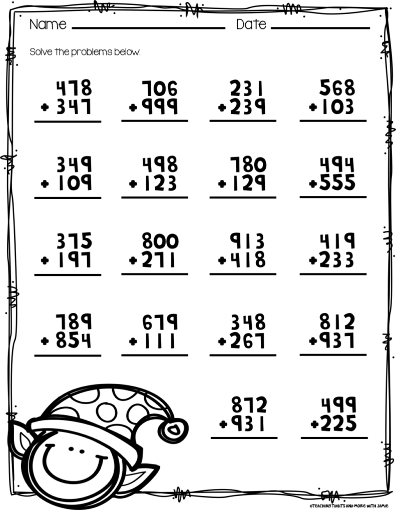 Addition worksheet with numbers and smiling elf illustration
