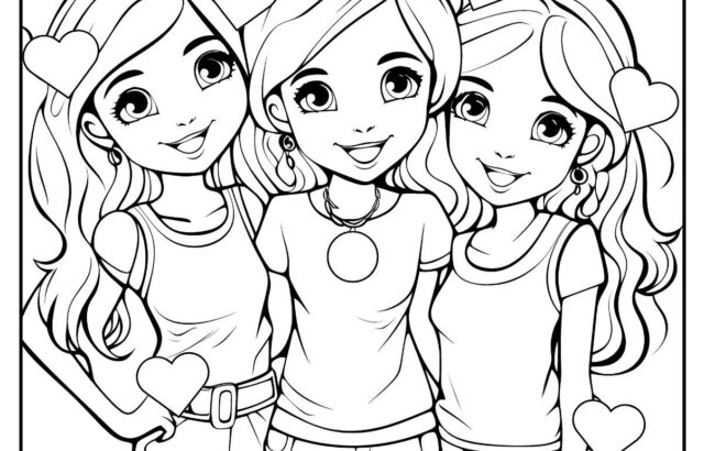Three smiling girls with hearts and best friends text