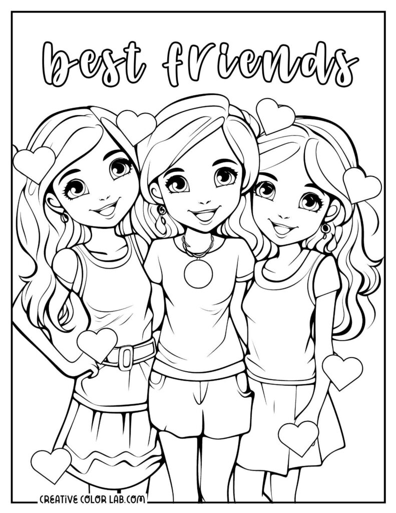Three smiling girls with hearts and best friends text