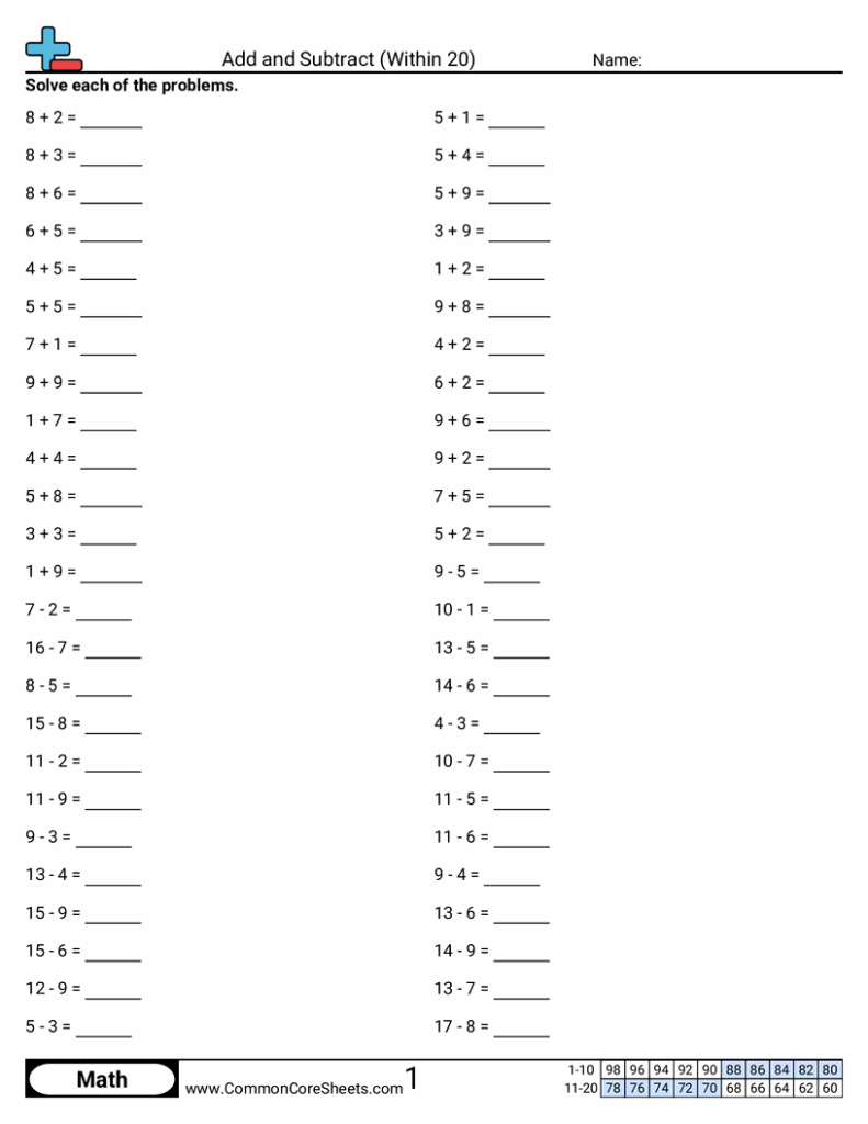 Addition and subtraction math worksheet with blanks