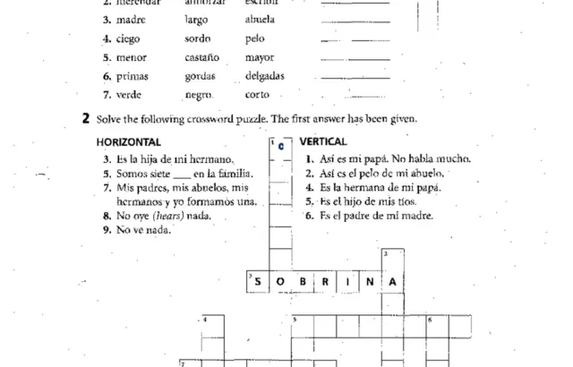 Spanish vocabulary worksheet with crossword puzzle and fill-in blanks