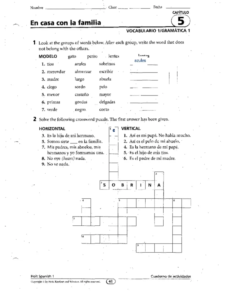 Spanish vocabulary worksheet with crossword puzzle and fill-in blanks