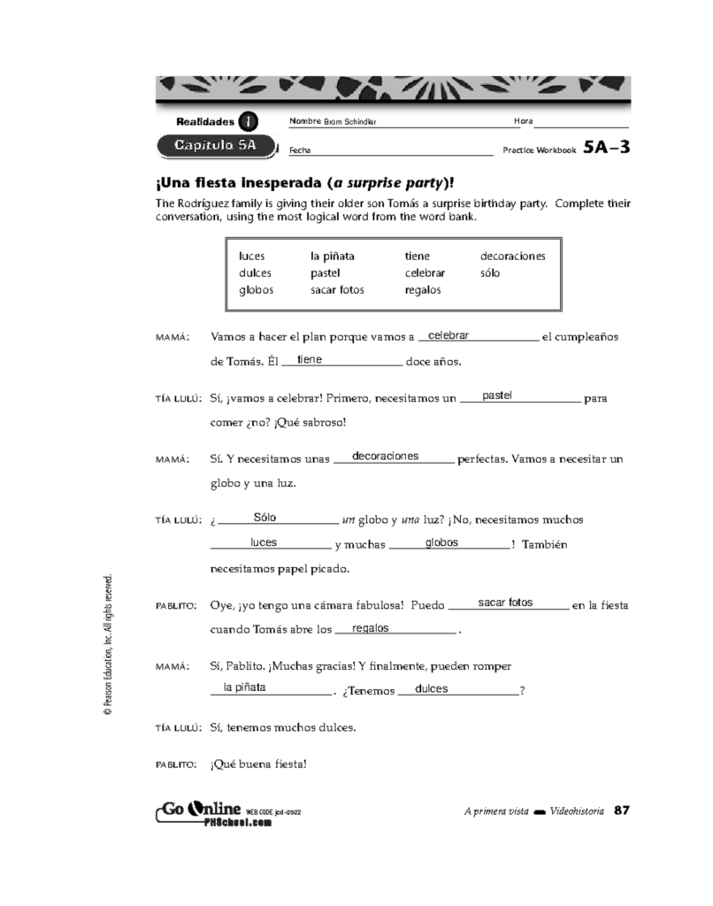 Spanish worksheet page about a surprise birthday party