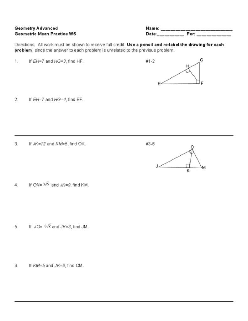 Geometry worksheet with right-triangle diagrams and problems
