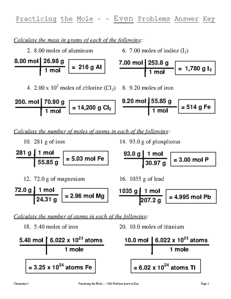 Chemistry worksheet answer key with mole calculations