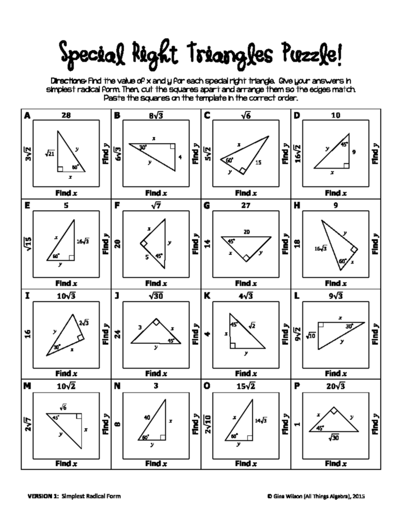 Special right triangles puzzle worksheet with labeled diagrams