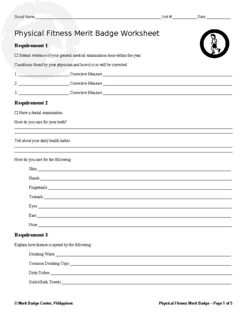 Physical Fitness Merit Badge worksheet page with questions