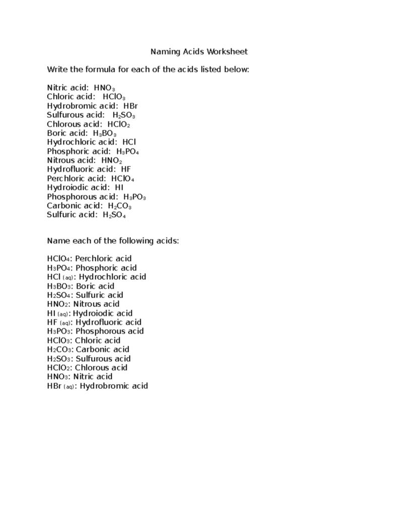 Printed chemistry worksheet titled Naming Acids Worksheet