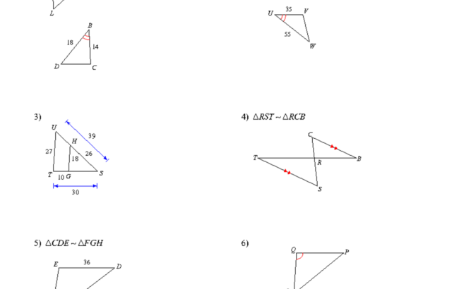 Geometry worksheet with six similar-triangle diagrams
