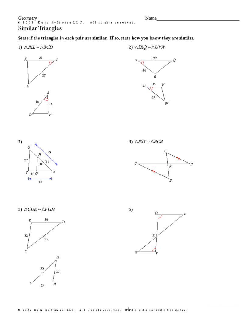 Geometry worksheet with six similar-triangle diagrams