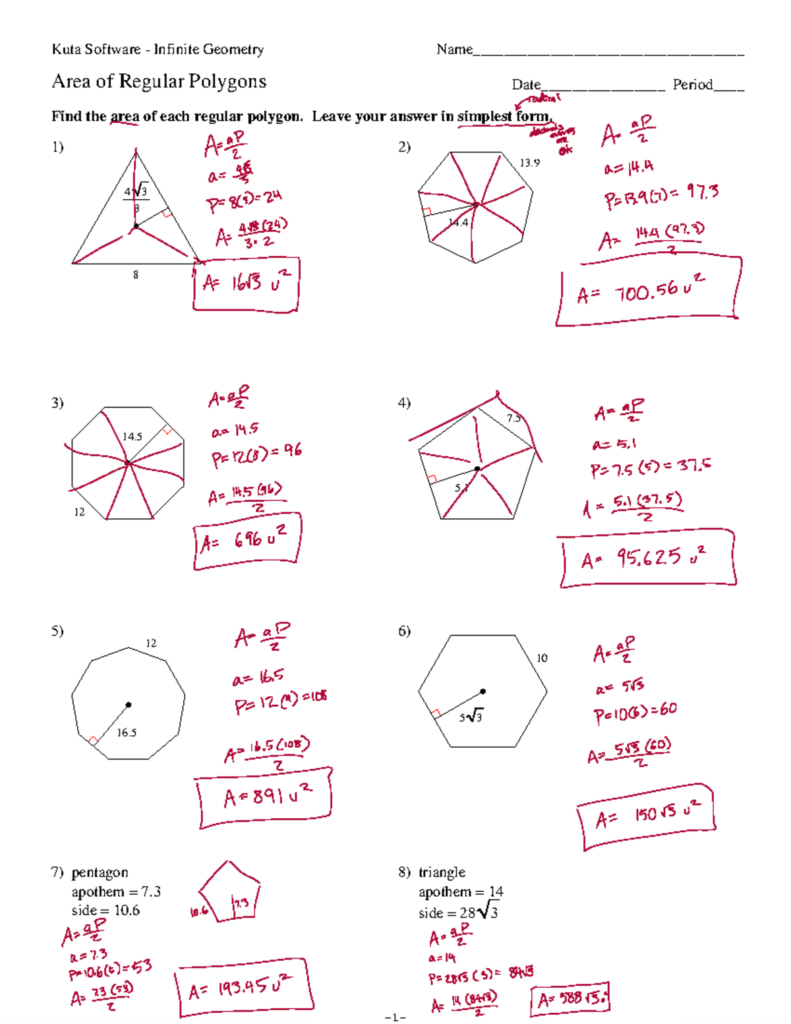Annotated geometry worksheet with regular polygon area problems