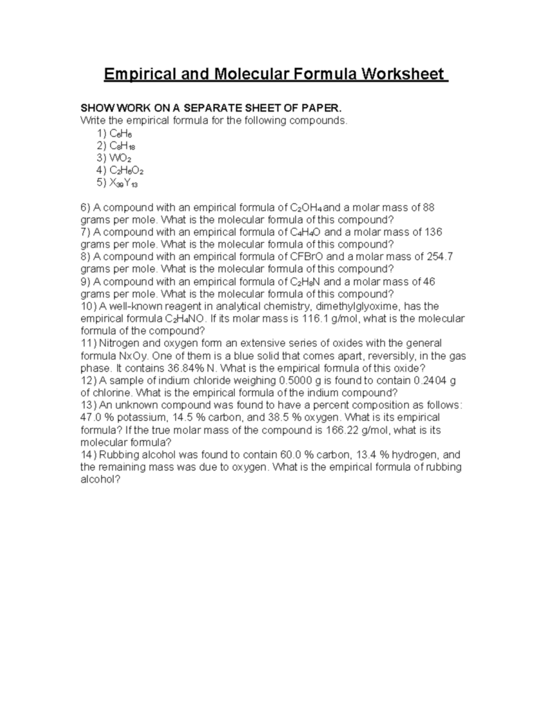 Empirical and molecular formula chemistry worksheet page