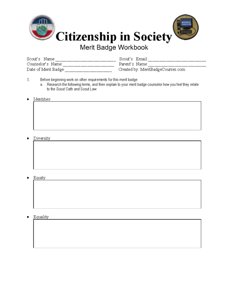Citizenship in Society merit badge workbook page