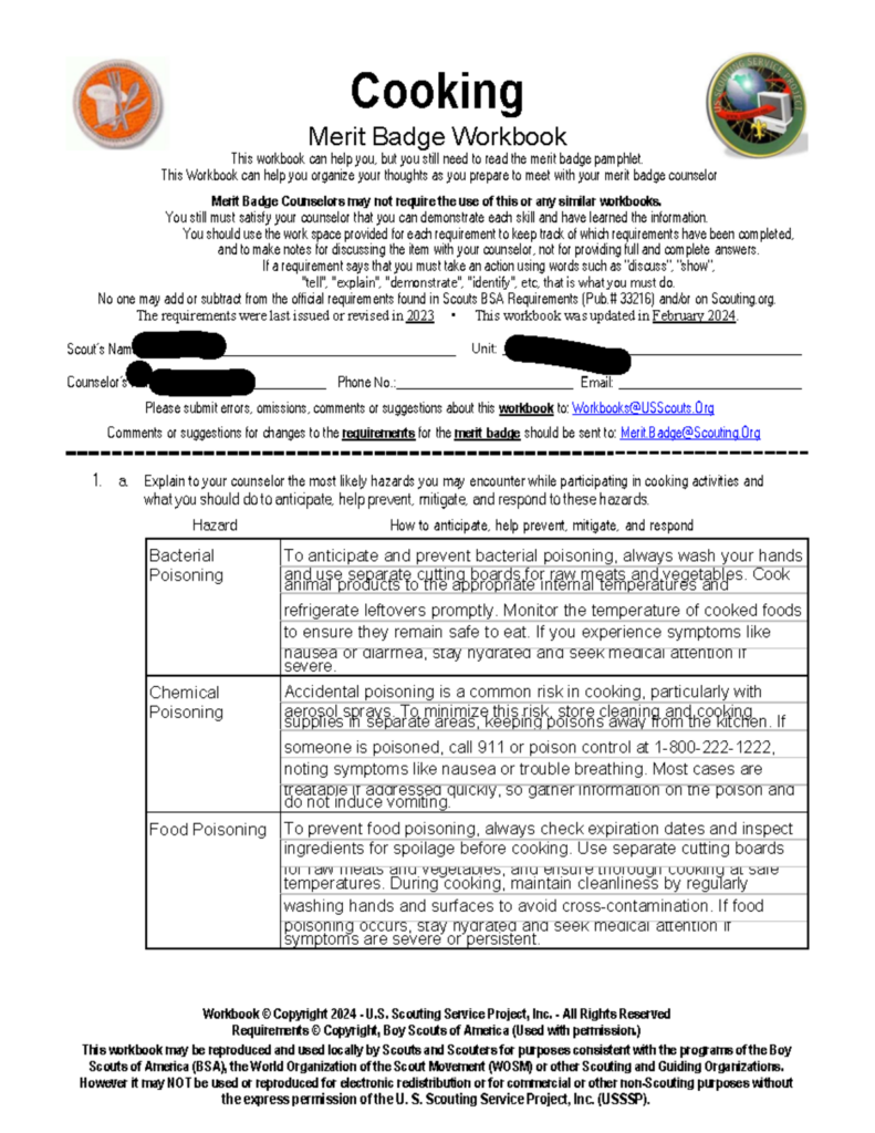 Cooking merit badge workbook page with hazard table