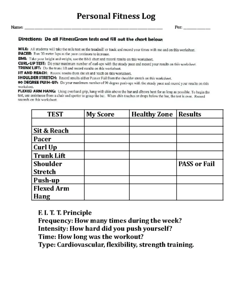 Personal fitness log worksheet with exercise test table