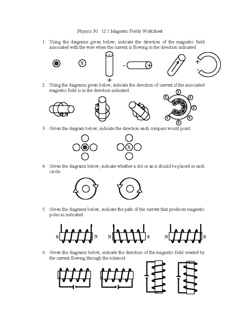 Physics 30 magnetic fields worksheet with coil diagrams and questions
