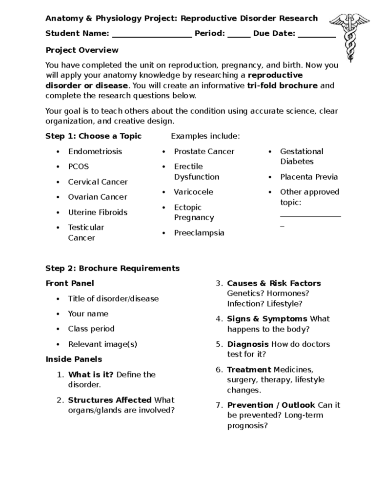 An anatomy and physiology project worksheet with medical topic lists